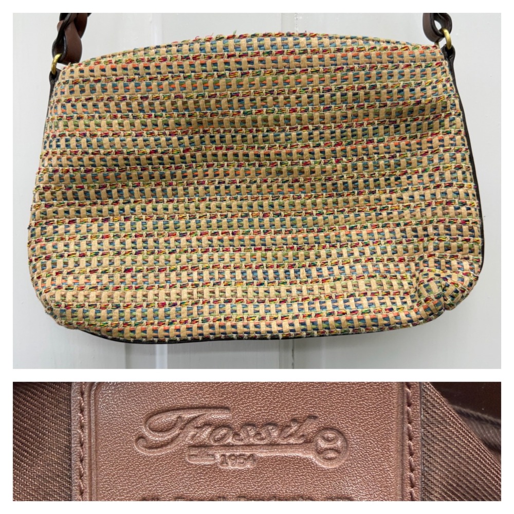 Fossil Multicolor Woven Straw Leather Trim‎ Shoulder Bag Purse 12 x 8 x 2.5